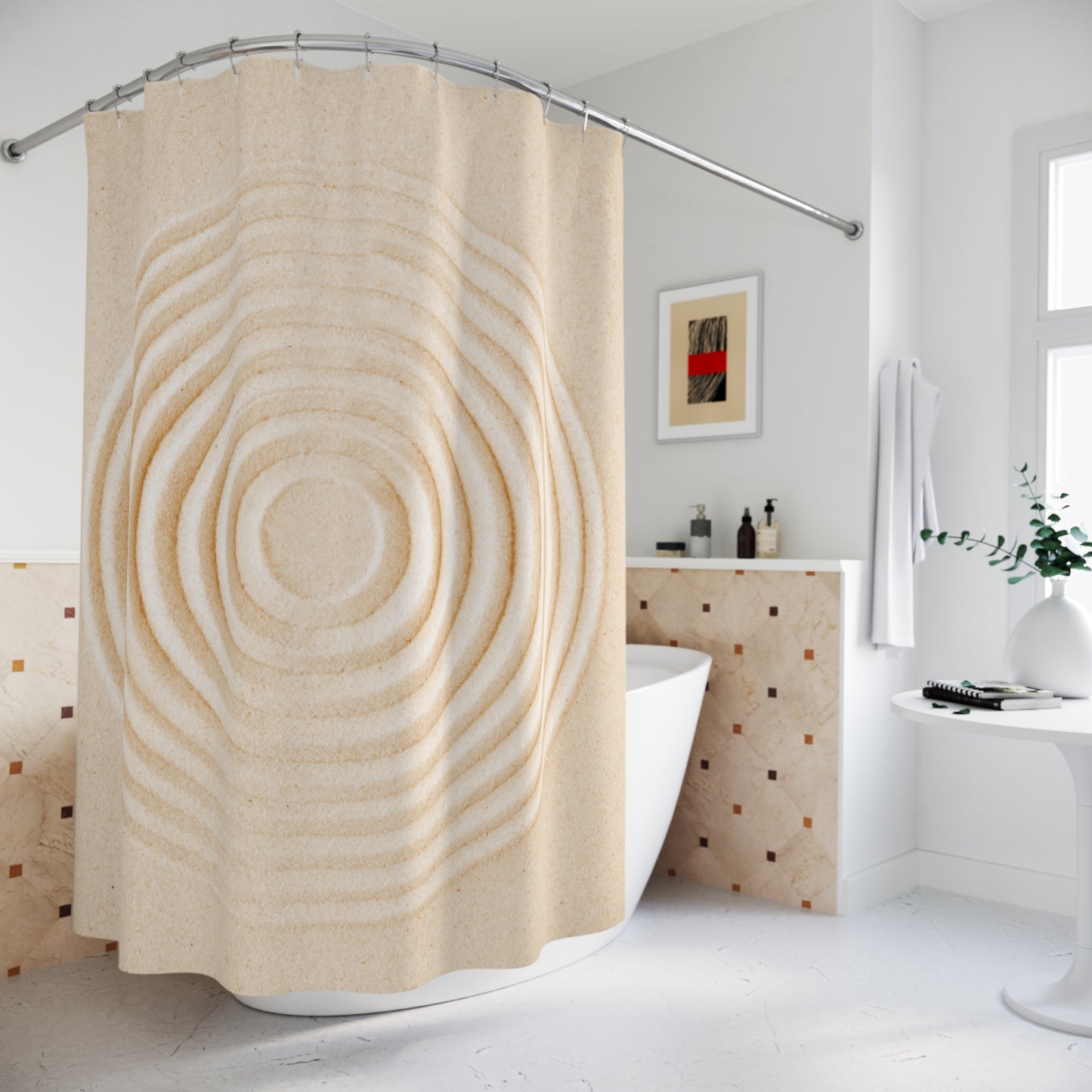 ZEN GARTEN SAND KREISWELLEN • Hochwertiger, Schöner Duschvorhang 180x200 cm Beige