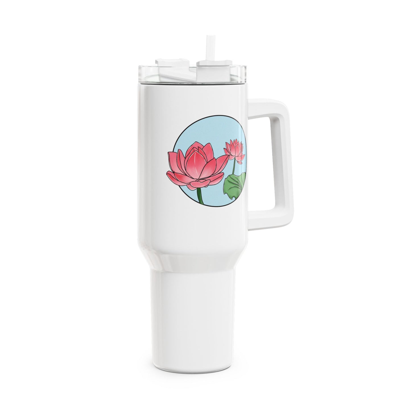 LOTUSBLUMEN ROSA PINK BLUMENMOTIV • Tumbler mit Henkel & Strohhalm • XXL Reisebecher 1,2L - YOGA SANTA