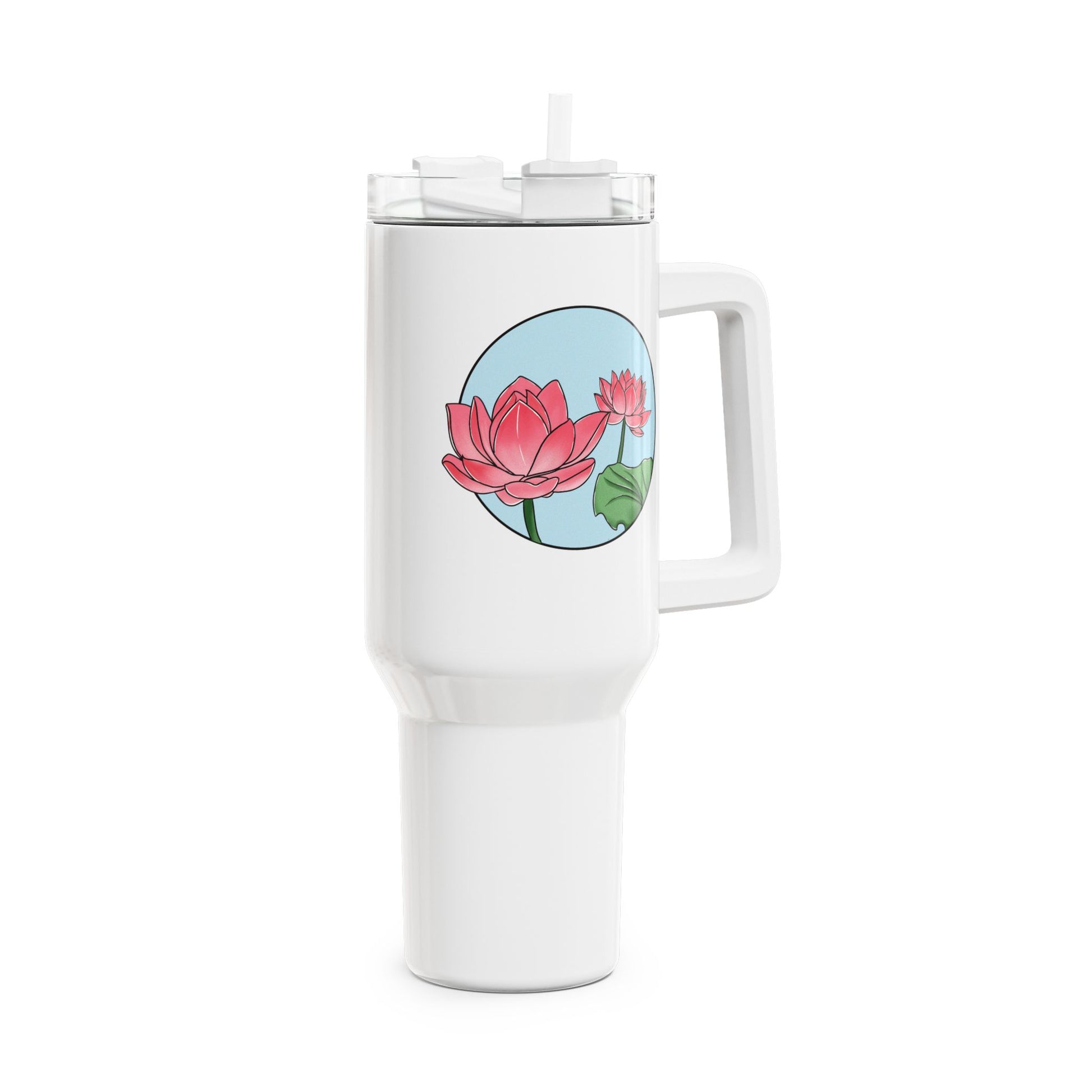 LOTUSBLUMEN ROSA PINK BLUMENMOTIV • Tumbler mit Henkel & Strohhalm • XXL Reisebecher 1,2L - YOGA SANTA