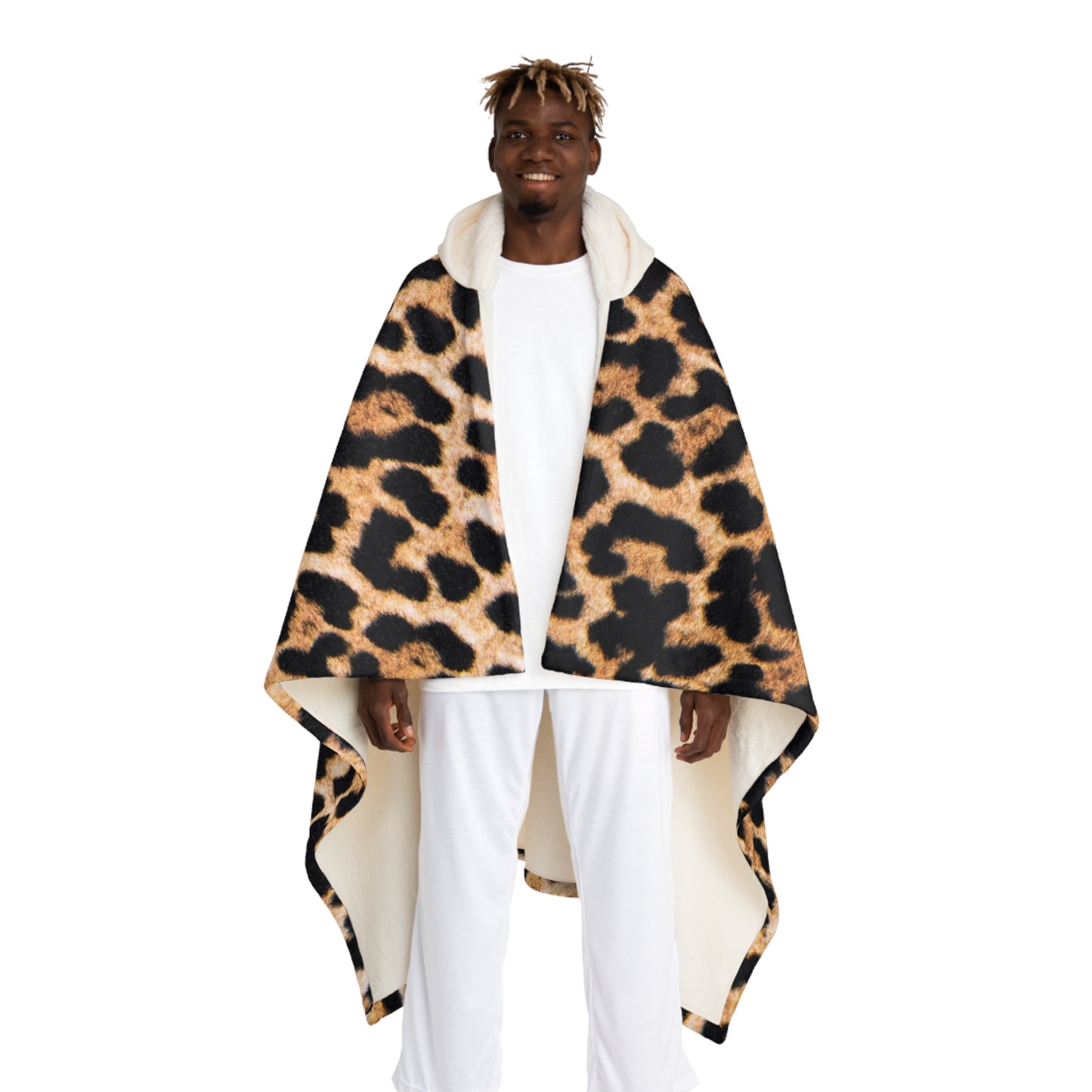 LEOPARDEN LEO FELL ANIMAL PRINT • Kapuzen Kuscheldecke • Wohndecke Sherpa 130cm x 180cm