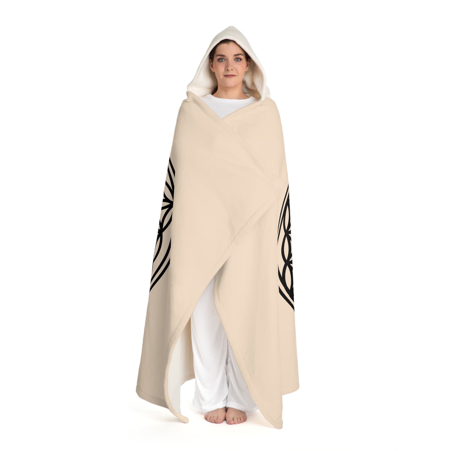 BLUME DES LEBEN SCHWARZ • Kapuzen Kuscheldecke Beige Creme • Wohndecke Sherpa 130cm x 180cm