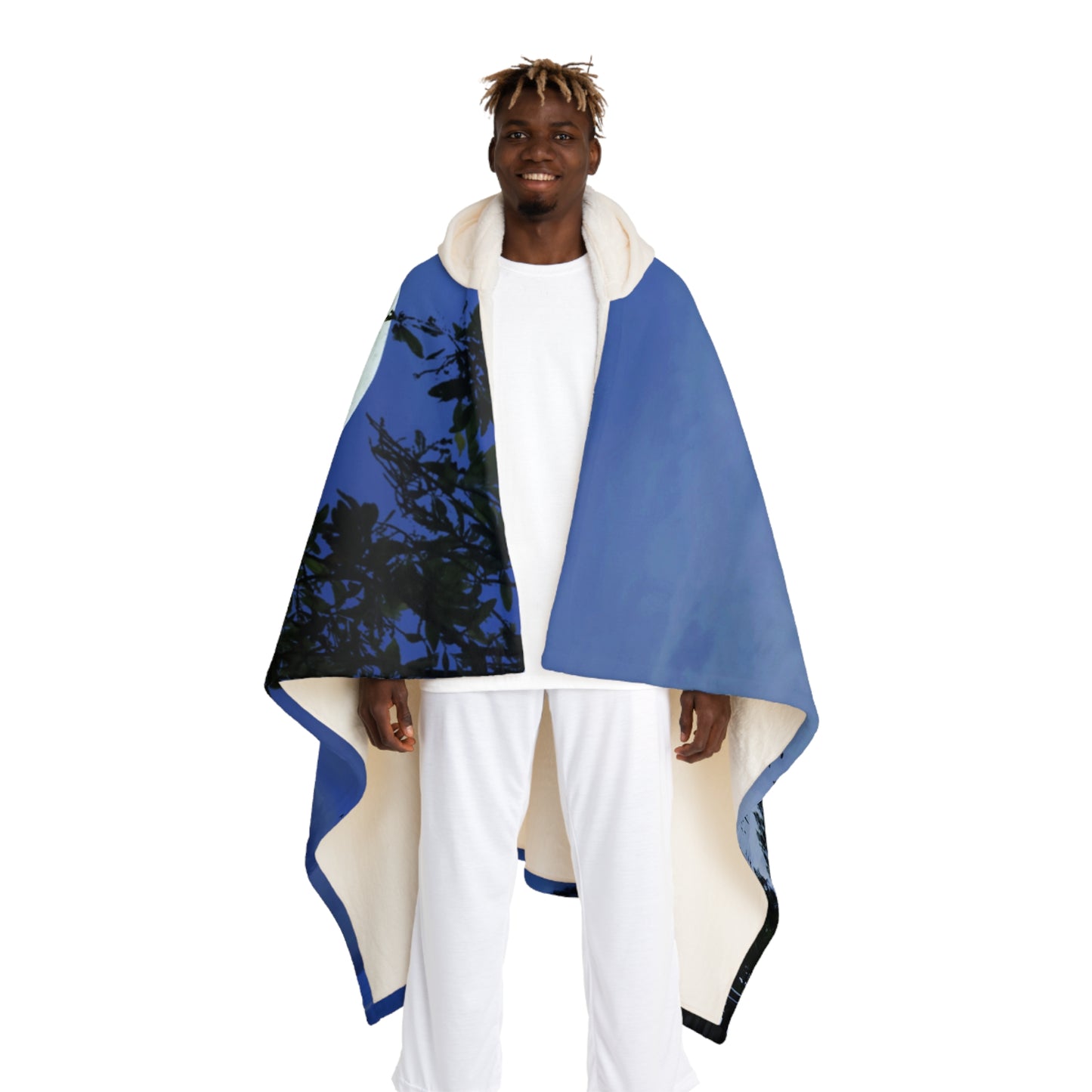 MOND HIMMEL BÄUME • Kapuzen Kuscheldecke Blau • Wohndecke Sherpa 130cm x 180cm