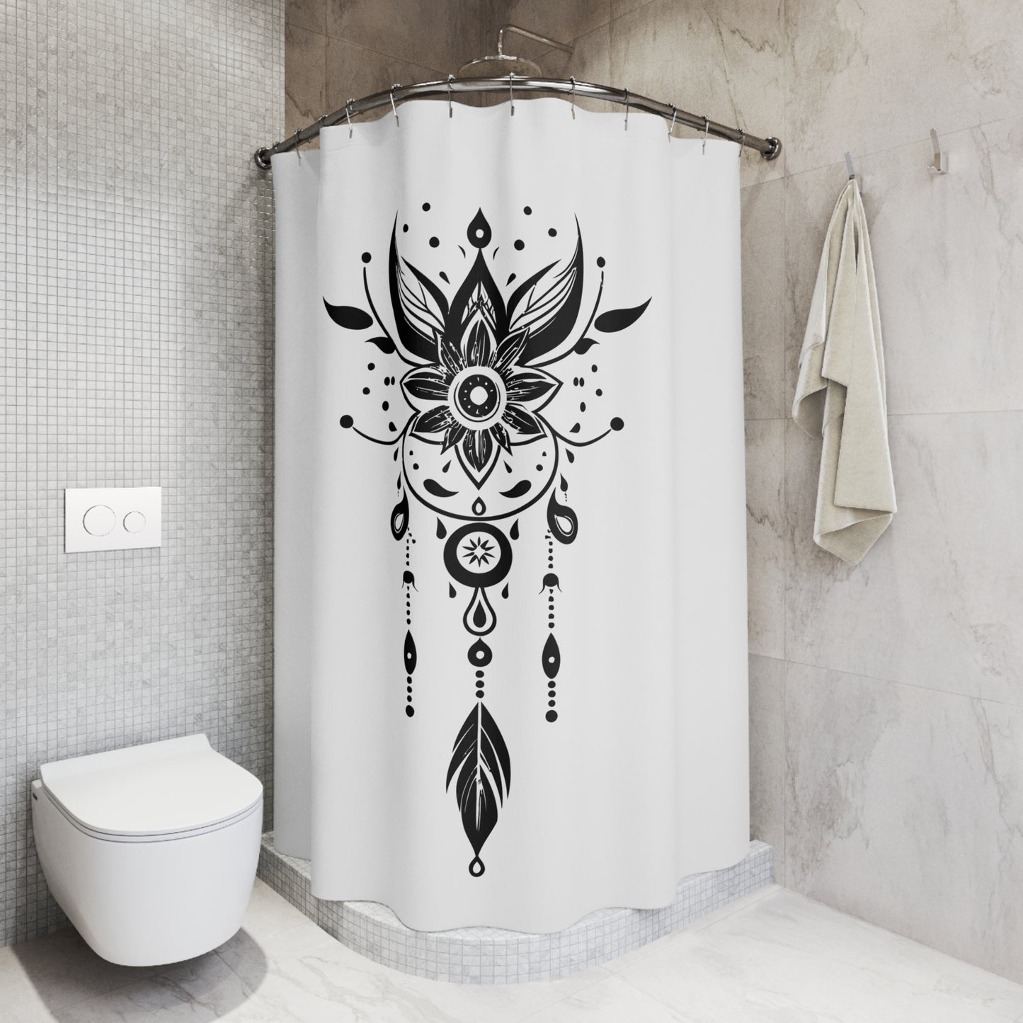 MOND FEDERN INDIANER ORNAMENT • Hochwertiger, Schöner Duschvorhang 180x200 cm Weiss