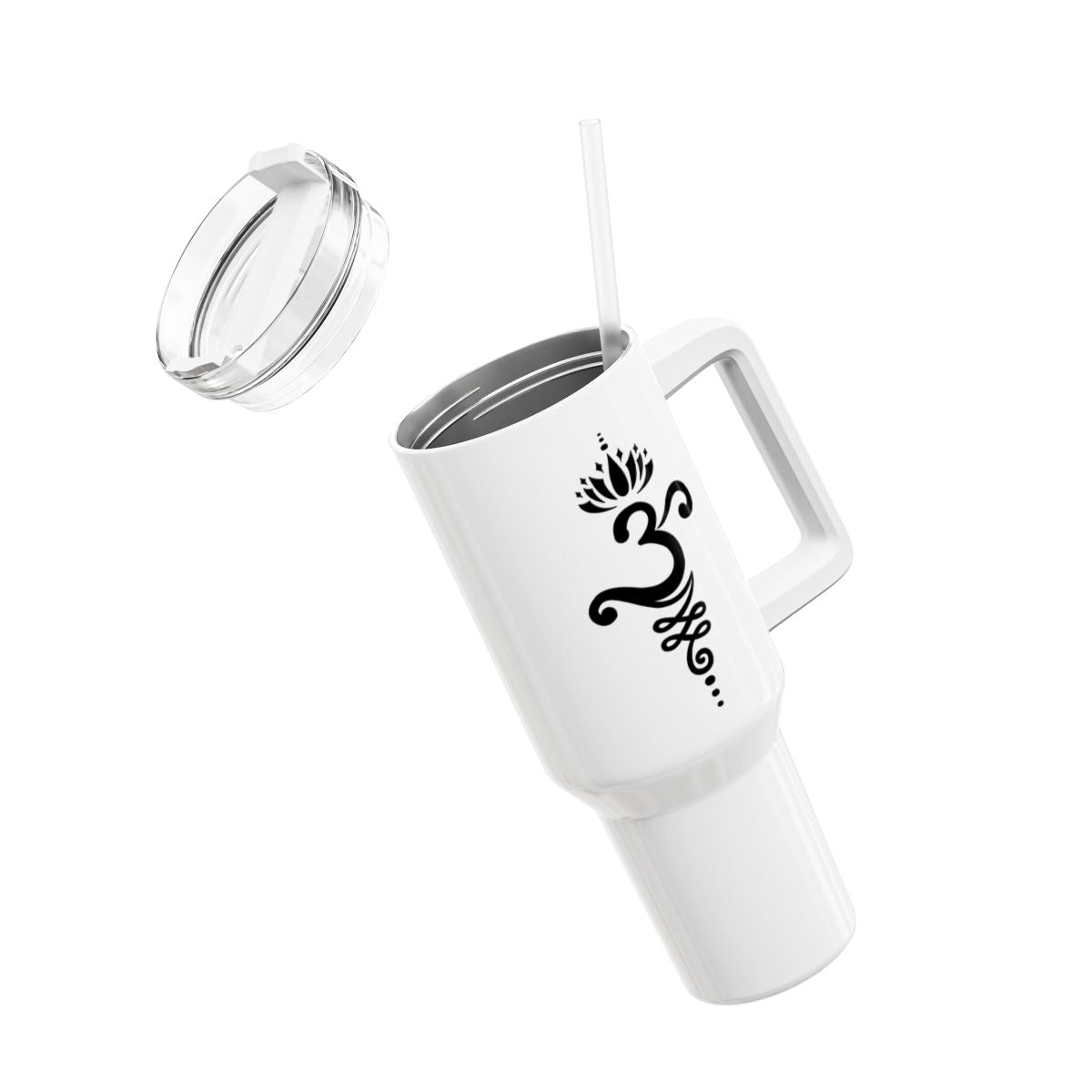 OM OHM ZEICHEN & ENDLOSER KNOTEN & LOTUS BLÜTE • Tumbler mit Henkel & Strohhalm • XXL Reisebecher 1,2L - YOGA SANTA