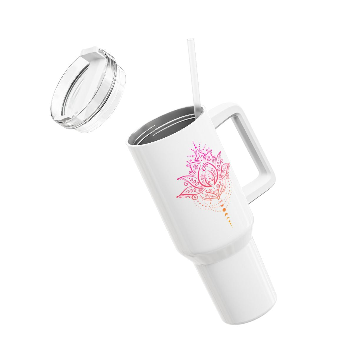 LOTUSBLUME PINK HANDGEZEICHNET KUNSTDRUCK • Tumbler mit Henkel & Strohhalm • XXL Reisebecher 1,2L - YOGA SANTA