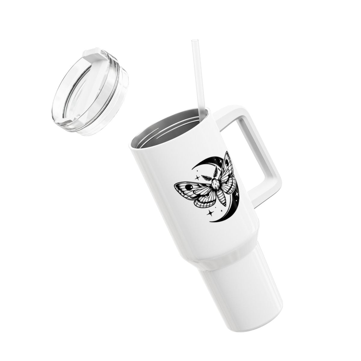 MOND STERNE MOTTE FALTER - SPIRITUELLE TRANSFORMATION • Tumbler mit Henkel & Strohhalm • XXL Reisebecher 1,2L - YOGA SANTA