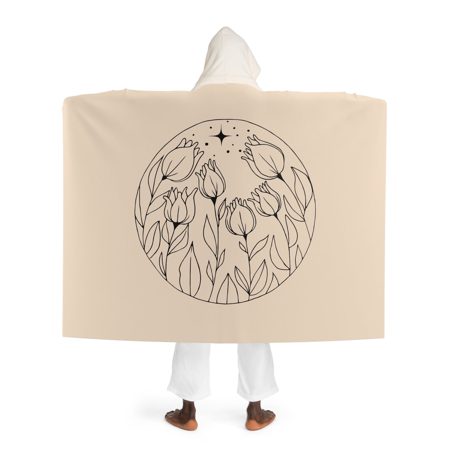 TULPEN UNTER STERNENHIMMEL • Kapuzen Kuscheldecke Beige Creme • Wohndecke Sherpa 130cm x 180cm