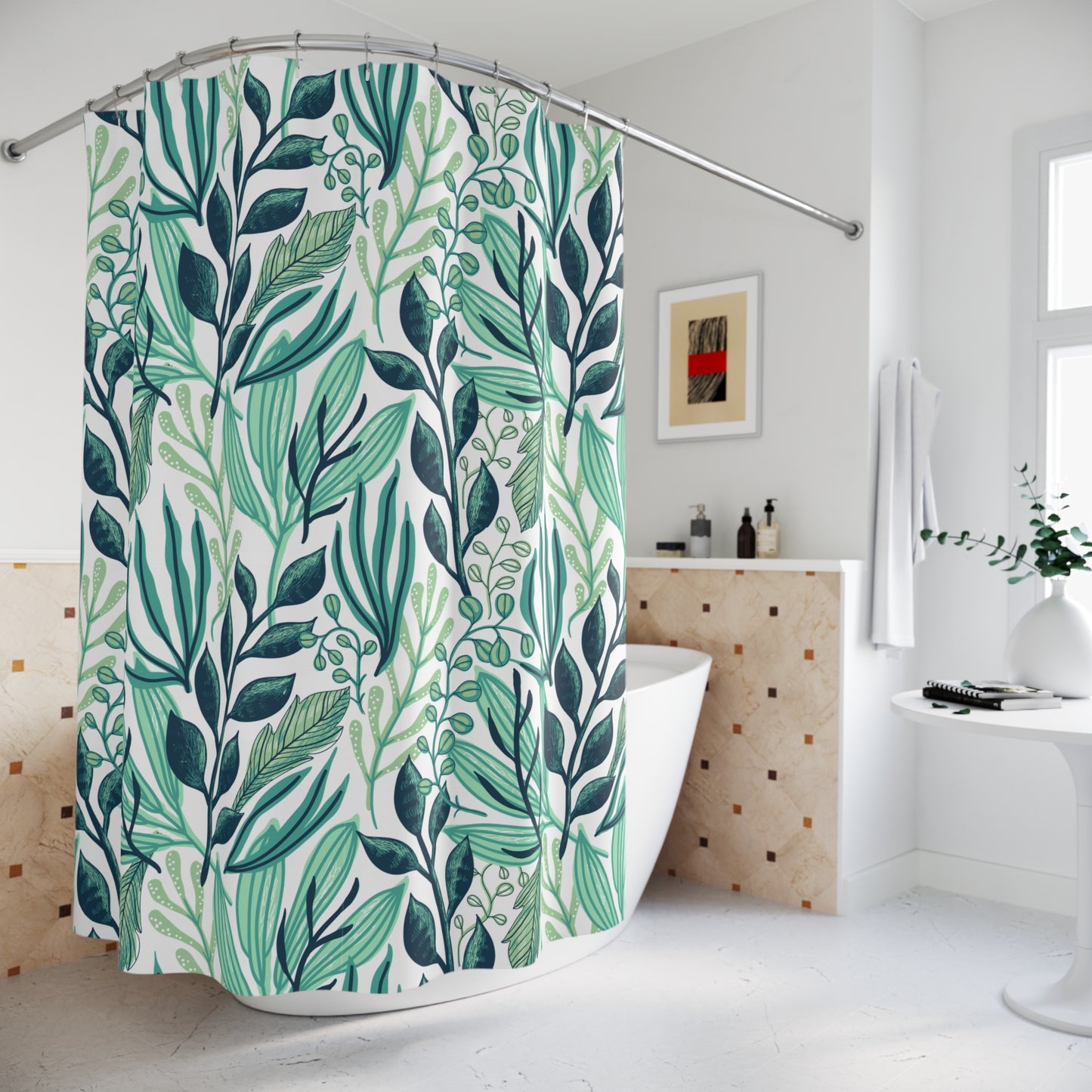 GRÜNE BLÄTTER FLORAL • Hochwertiger, Schöner Duschvorhang 180x200 cm Türkis Weiß