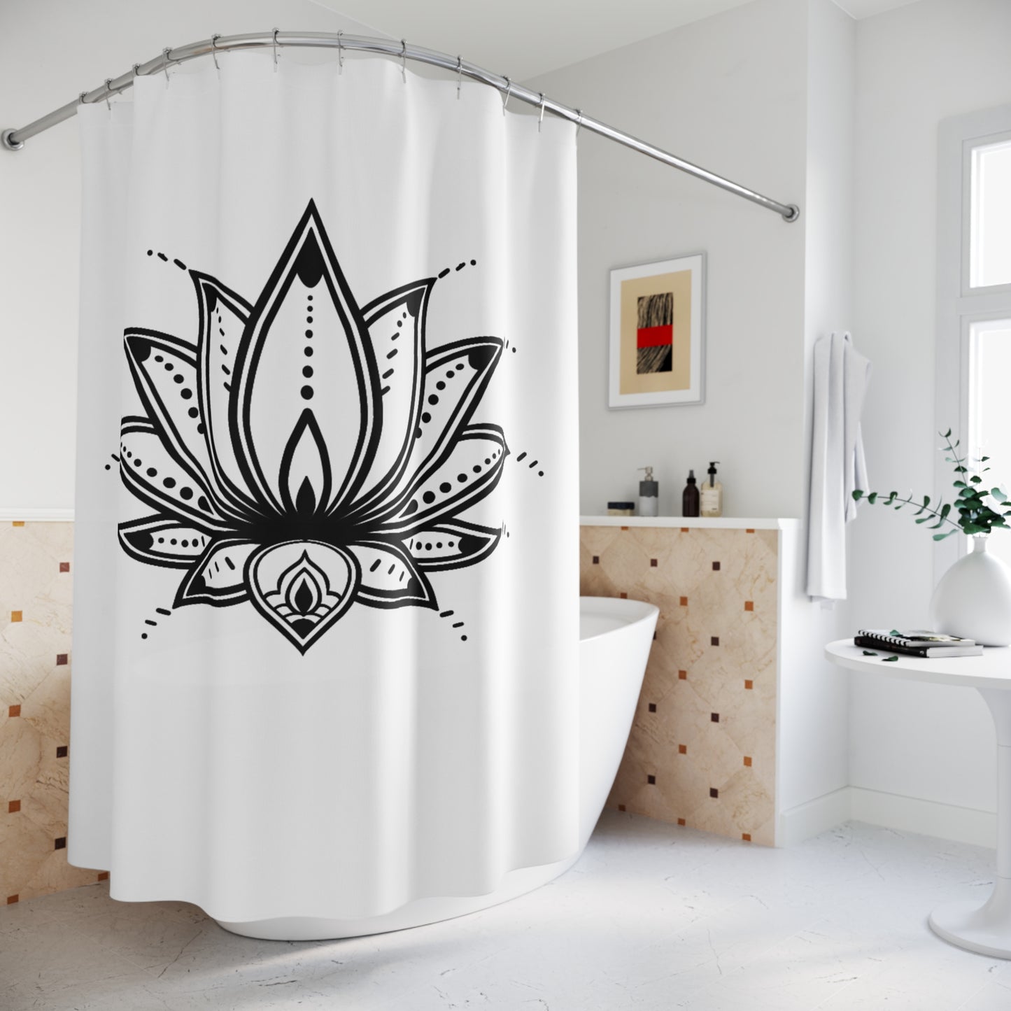 LOTUS BLÜTE BLUMEN DESIGN HANDGEZEICHNET • Duschvorhang 180x200 cm Weiss