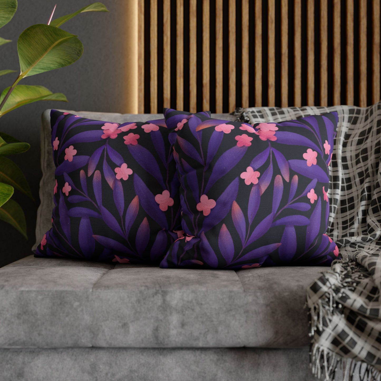 BLÄTTER BLUMEN • Deko Kissenbezug mit Reißverschluss Quadratisch Lila Violet