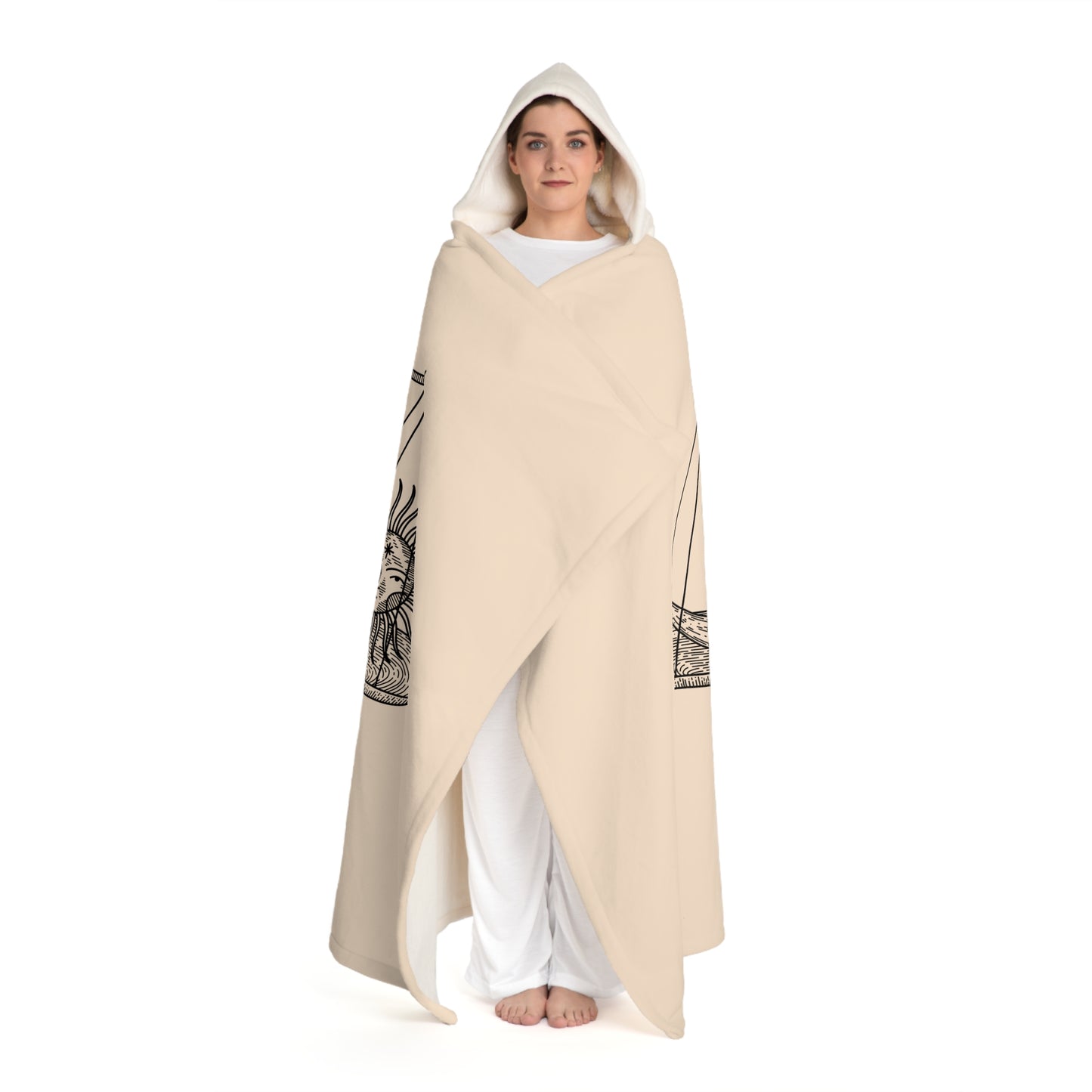 WAAGE STERNZEICHEN SONNE MOND • Kapuzen Kuscheldecke Beige Creme • Wohndecke Sherpa 130cm x 180cm