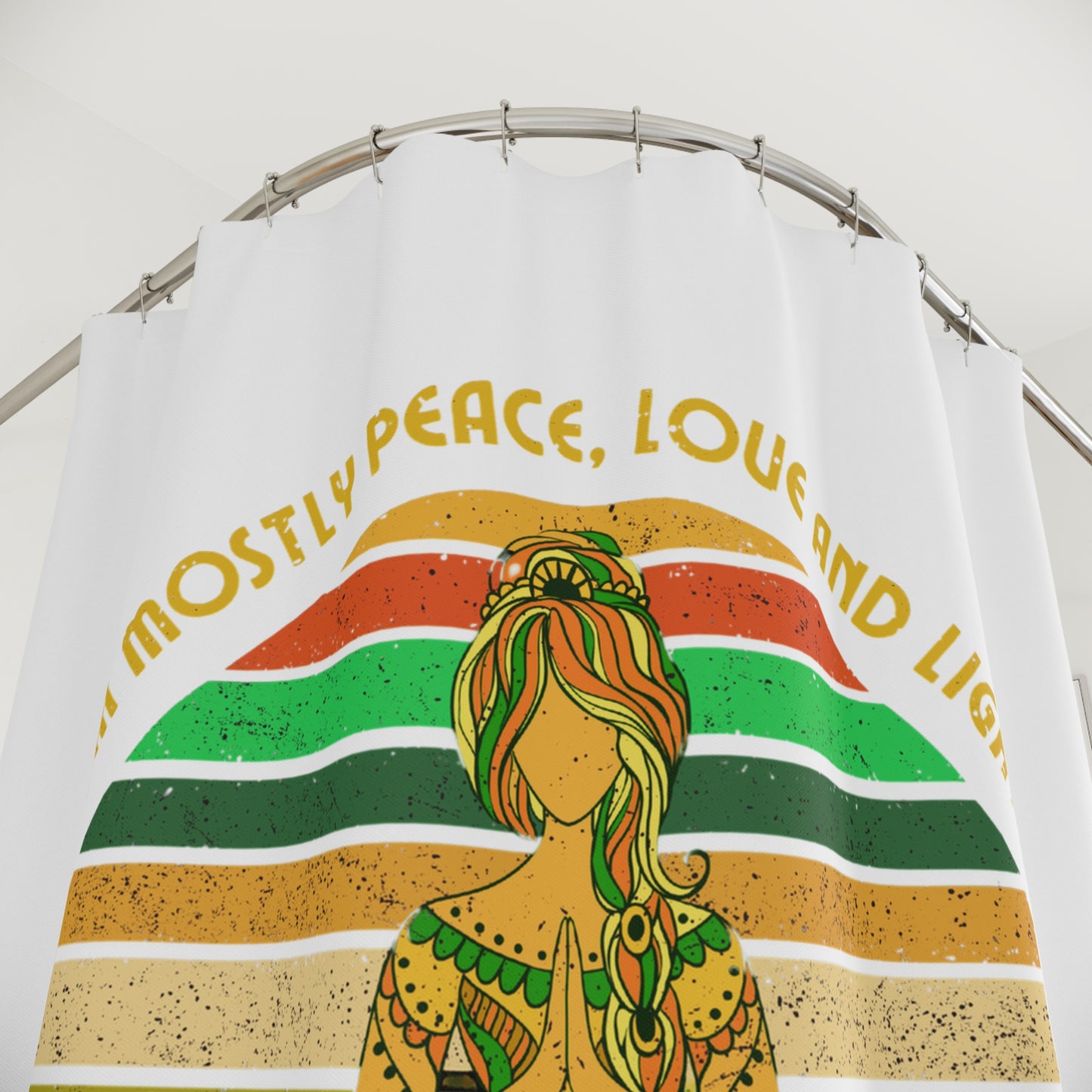MOSTLY PEACE, LOVE & LIGHT • RETRO BOHO • Hochwertiger, Schöner Duschvorhang 180x200 cm Weiss