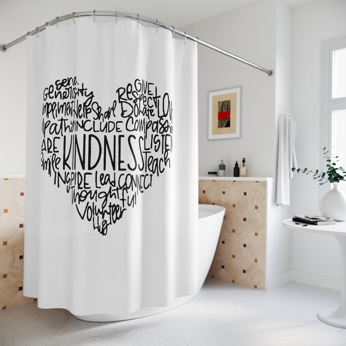KINDNESS • Liebesbeweis Geschenk, LOVE Liebesbotschaft • Duschvorhang 180x200 cm Weiss