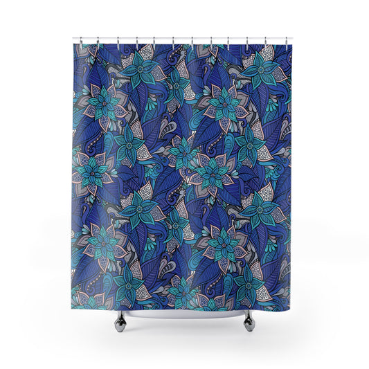 BLUMENMUSTER TÜRKIS BLAU • Hochwertiger, Schöner Duschvorhang 180x200 cm