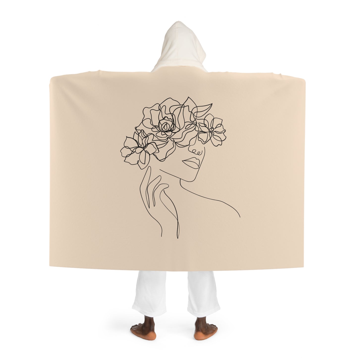 SCHÖNE FRAU MIT BLUMEN • Kapuzen Kuscheldecke Beige Creme • Wohndecke Sherpa 130cm x 180cm