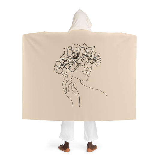SCHÖNE FRAU MIT BLUMEN • Kapuzen Kuscheldecke Beige Creme • Wohndecke Sherpa 130cm x 180cm