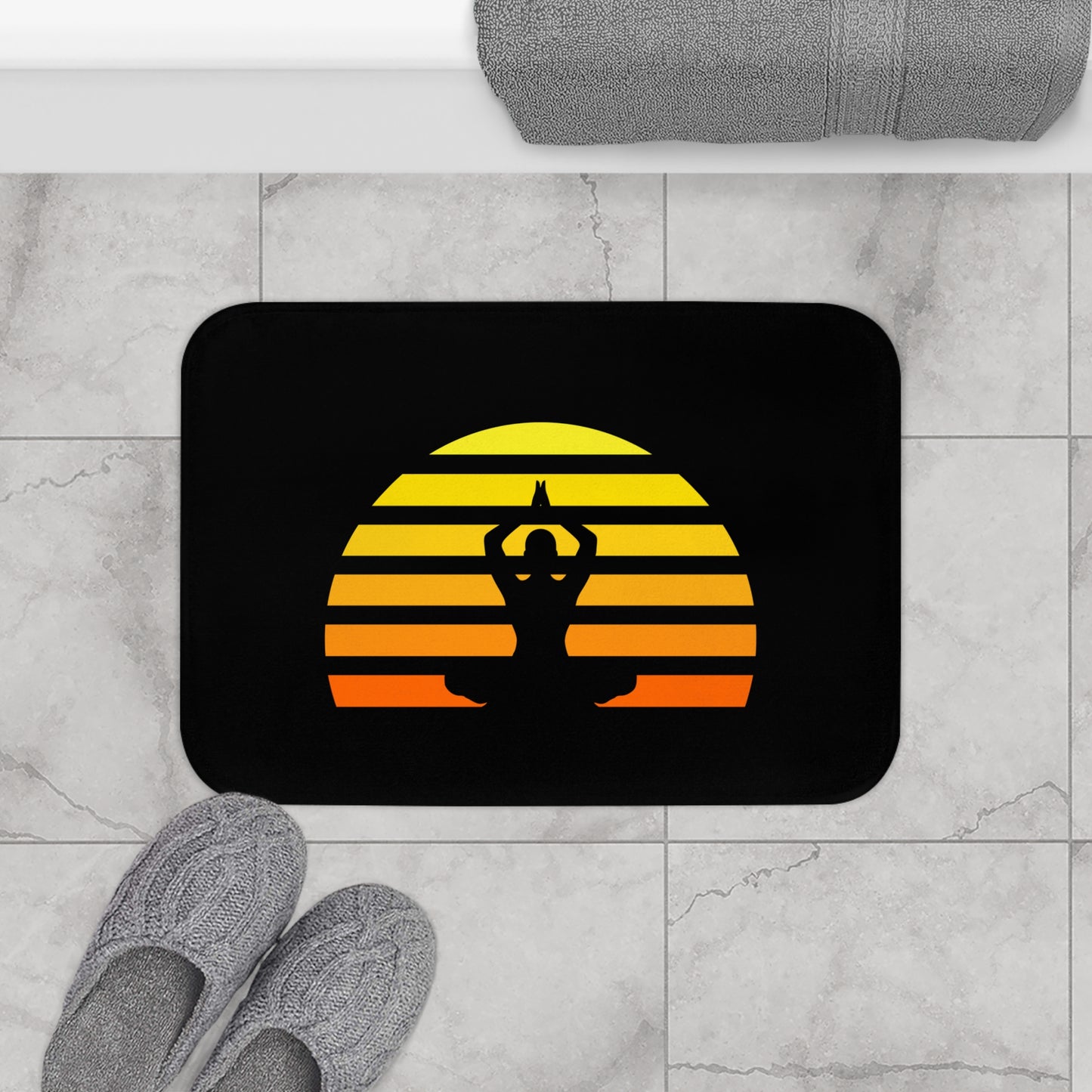 YOGA POSE MEDITATION SONNENAUFGANG RETRO • Badvorleger Weiss / Fussmatte / Badteppich EXTRA Weich • 43 x 61 cm & 53 x 86 cm
