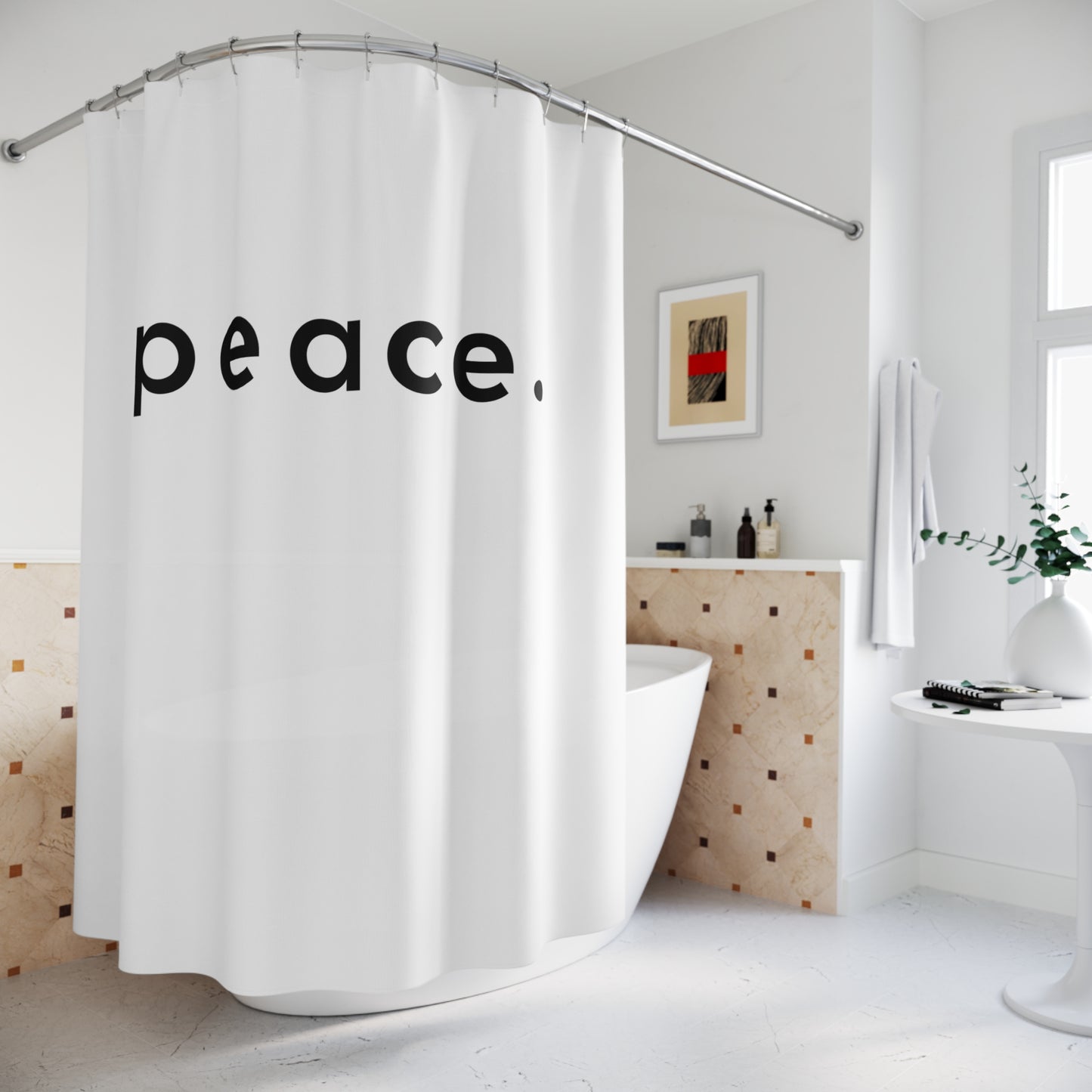 PEACE SCHRIFT FRIEDENSBOTSCHAFT • Hochwertiger, Schöner Duschvorhang 180x200 cm Weiss