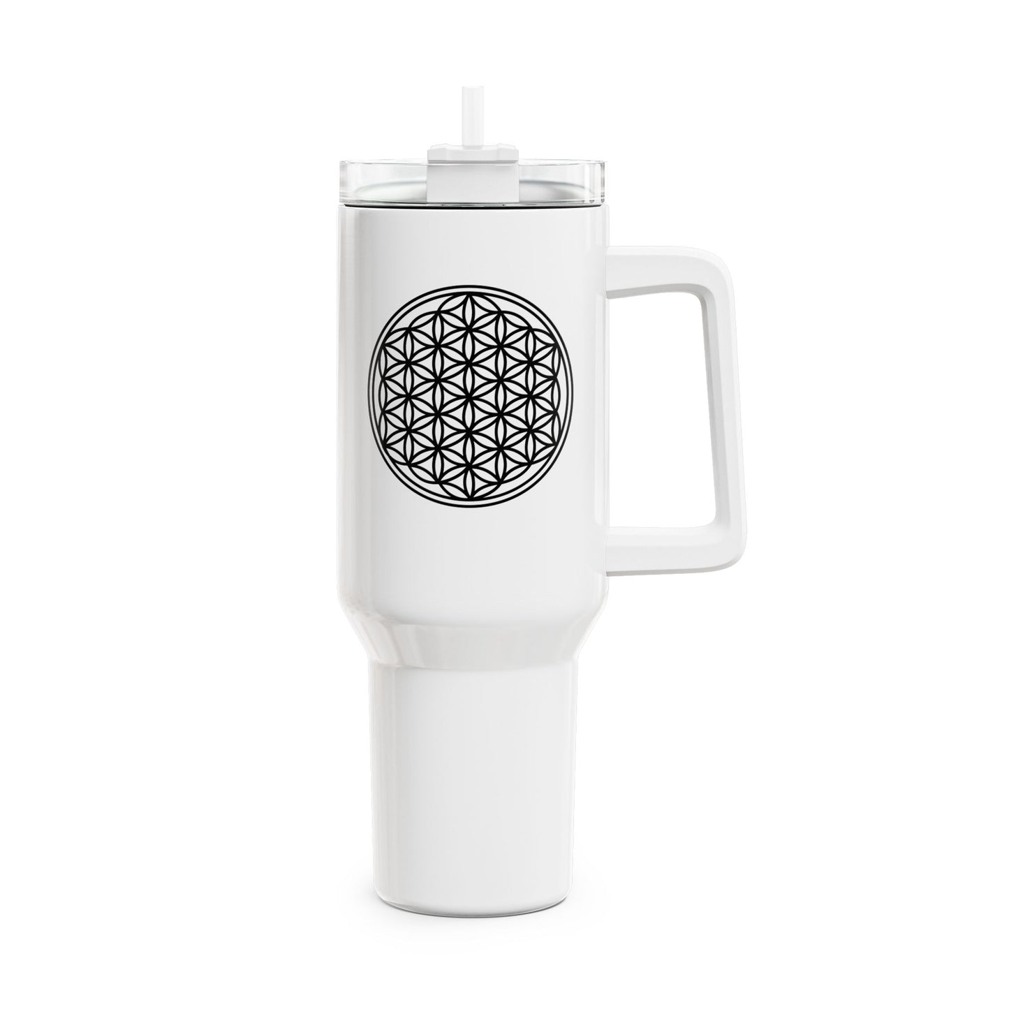 BLUME DES LEBENS SCHWARZ AUF WEIß • Tumbler mit Henkel & Strohhalm • XXL Reisebecher 1,2L - YOGA SANTA