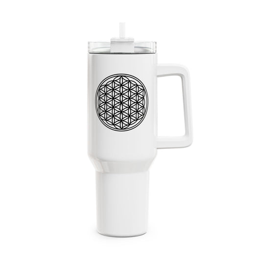 BLUME DES LEBENS SCHWARZ AUF WEIß • Tumbler mit Henkel & Strohhalm • XXL Reisebecher 1,2L - YOGA SANTA