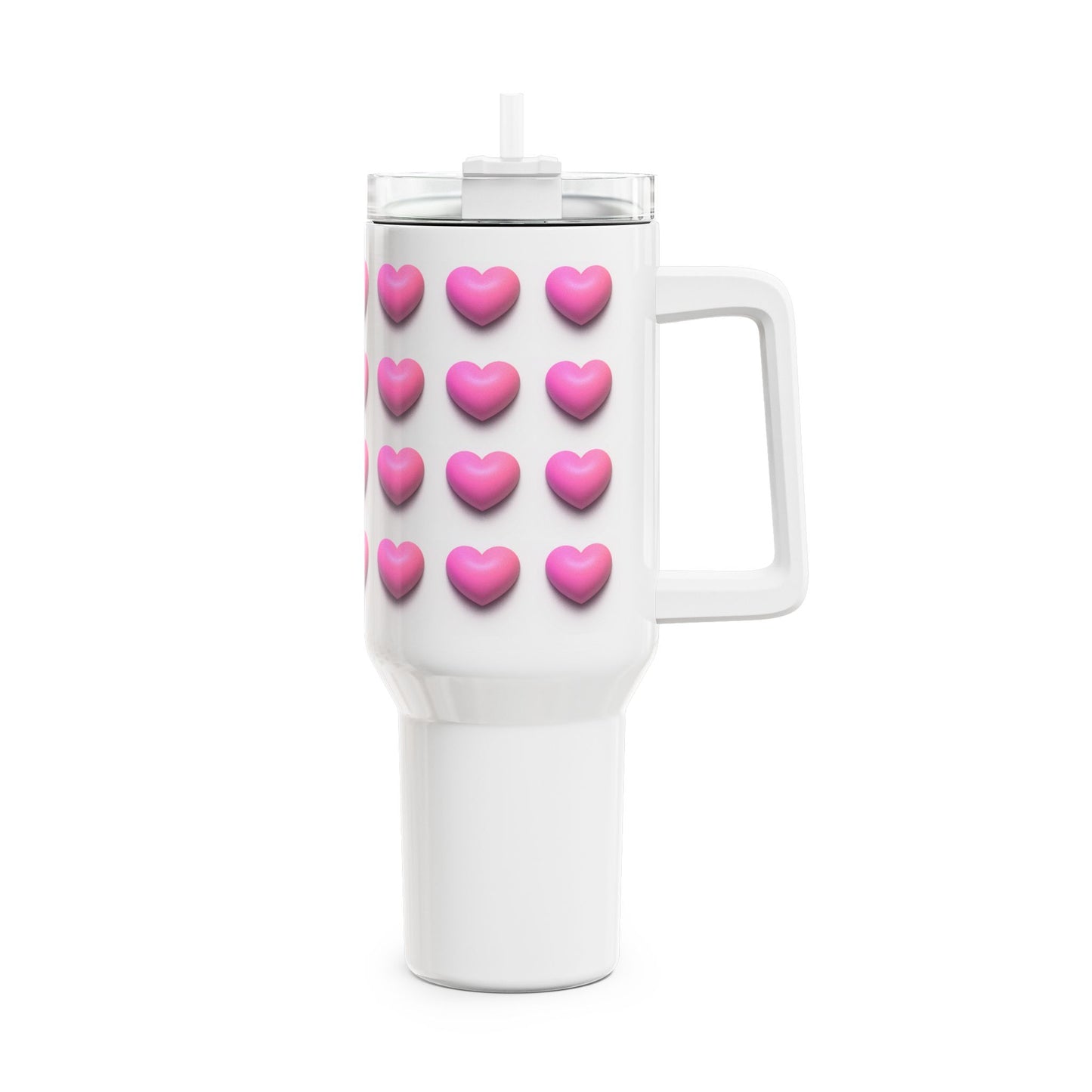 HERZEN MUSTER PINK - NIEDLICH 3D Optik • Tumbler mit Henkel & Strohhalm • XXL Reisebecher 1,2L