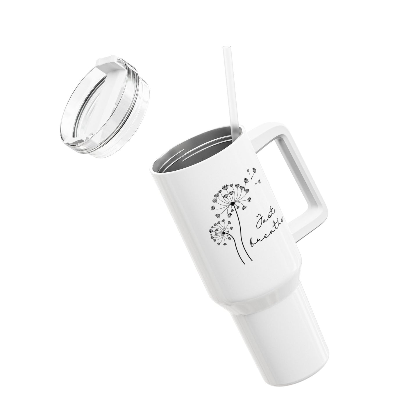 JUST BREATHE - PUSTEBLUMEN HERZCHEN • Tumbler mit Henkel & Strohhalm • XXL Reisebecher 1,2L