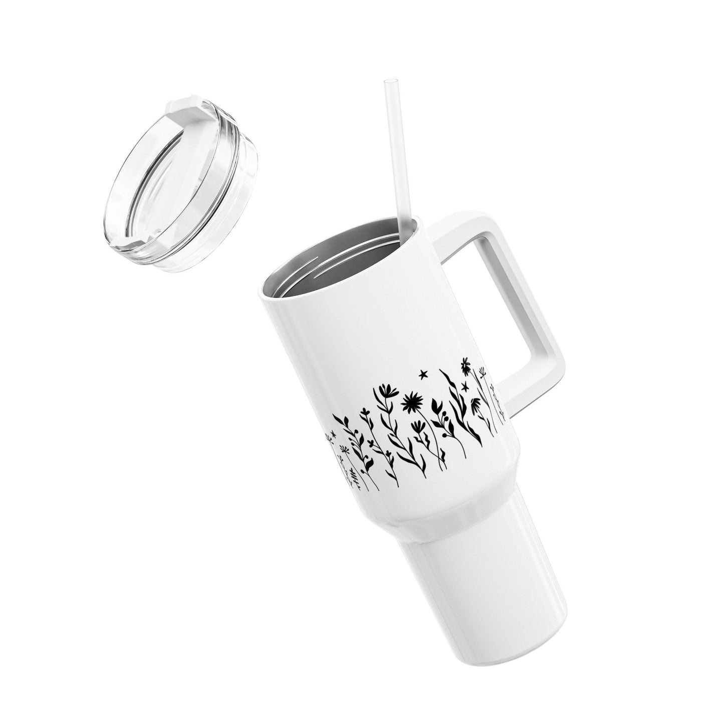 SOMMERBLUMEN WIESE • Tumbler mit Henkel & Strohhalm • XXL Reisebecher 1,2L