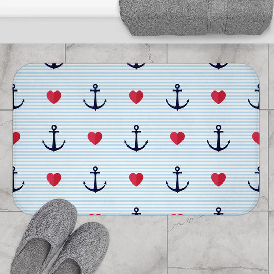 ANKER HERZEN MUSTER KAPITÄN BOOT • Badvorleger / Fussmatte / Badteppich EXTRA Weich • 43 x 61 cm & 53 x 86 cm