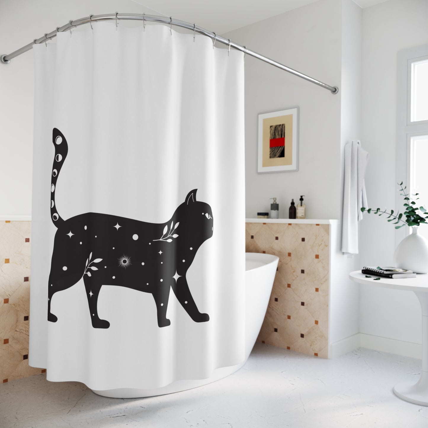 KATZE STERNEHIMMEL • Hochwertiger, Schöner Duschvorhang 180x200 cm Weiss