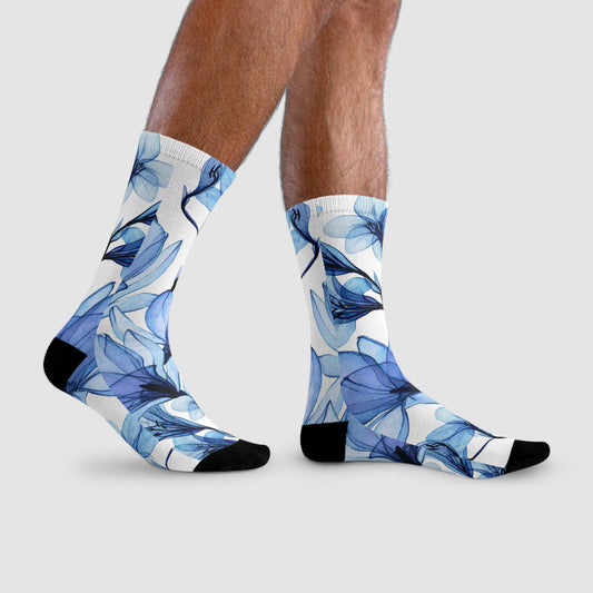 BLUMENMUSTER FLORAL AUßERGEWÖHNLICH • HAPPY SOCKS Crew Socken Blau Weiß mit Motiv