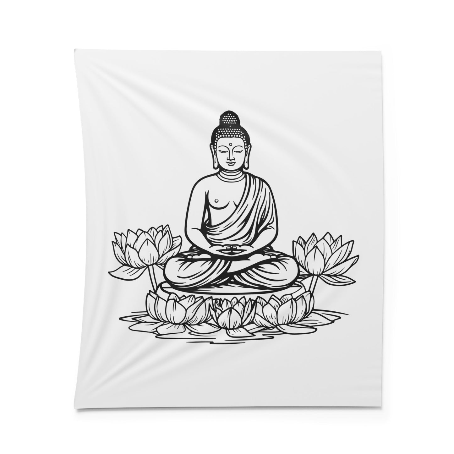 BUDDHA FIGUR zwischen LOTUSBLÜTEN • Wandtuch • Wandttepich Schwarz Weiß • Wanddekor in v. Größen bis XXL