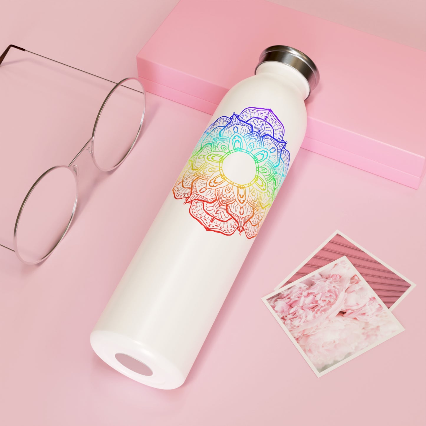 MANDALA BLUME REGENBOGEN • Edelstahl Thermosflasche SLIM • 600 ml