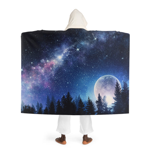 MOND GALAXY WALD BÄUME • Kapuzen Kuscheldecke Dunkelblau • Wohndecke Sherpa 130cm x 180cm