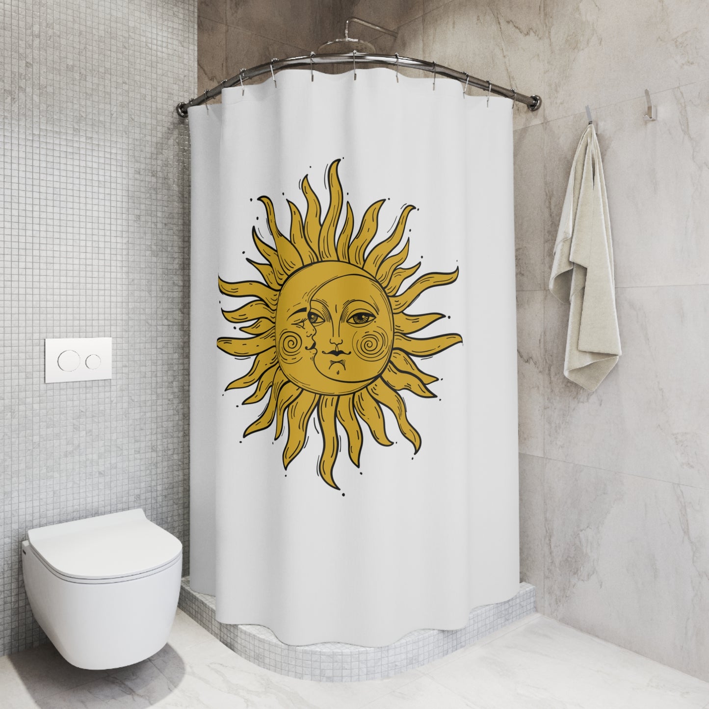 SONNE MOND RETRO CLIPART • Hochwertiger, Schöner Duschvorhang 180x200 cm Weiss