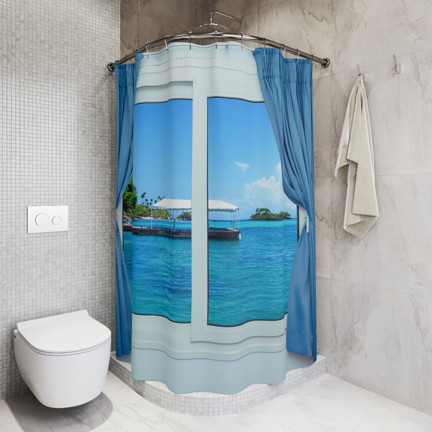 MEER SOMMER • Fensterblick • Urlaubsmotiv • Duschvorhang 180x200 cm Weiss
