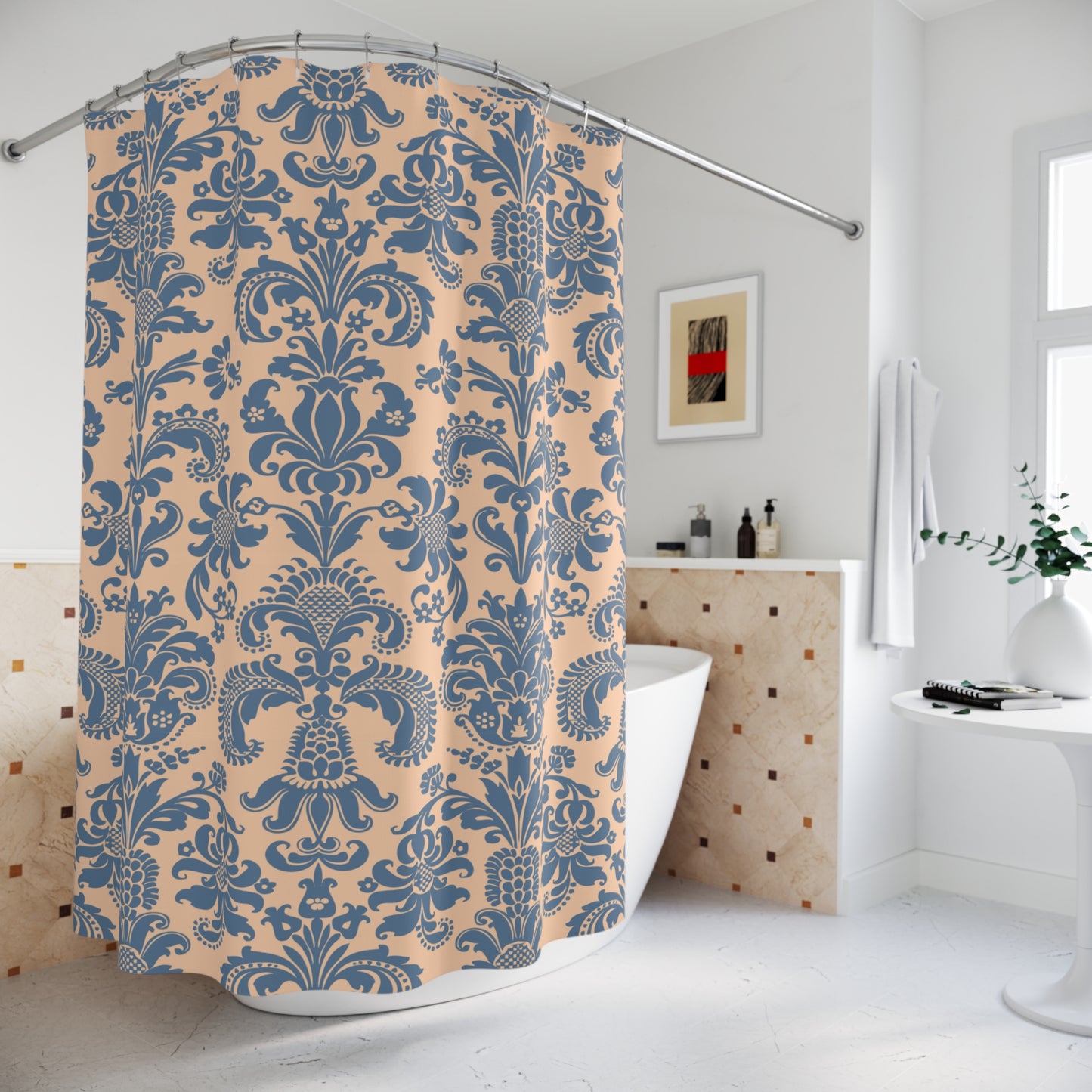 FLORALES BAROCK MUSTER - ELEGANT LUXURIÖSES DESIGN • Duschvorhang 180x200 cm Beige Blau