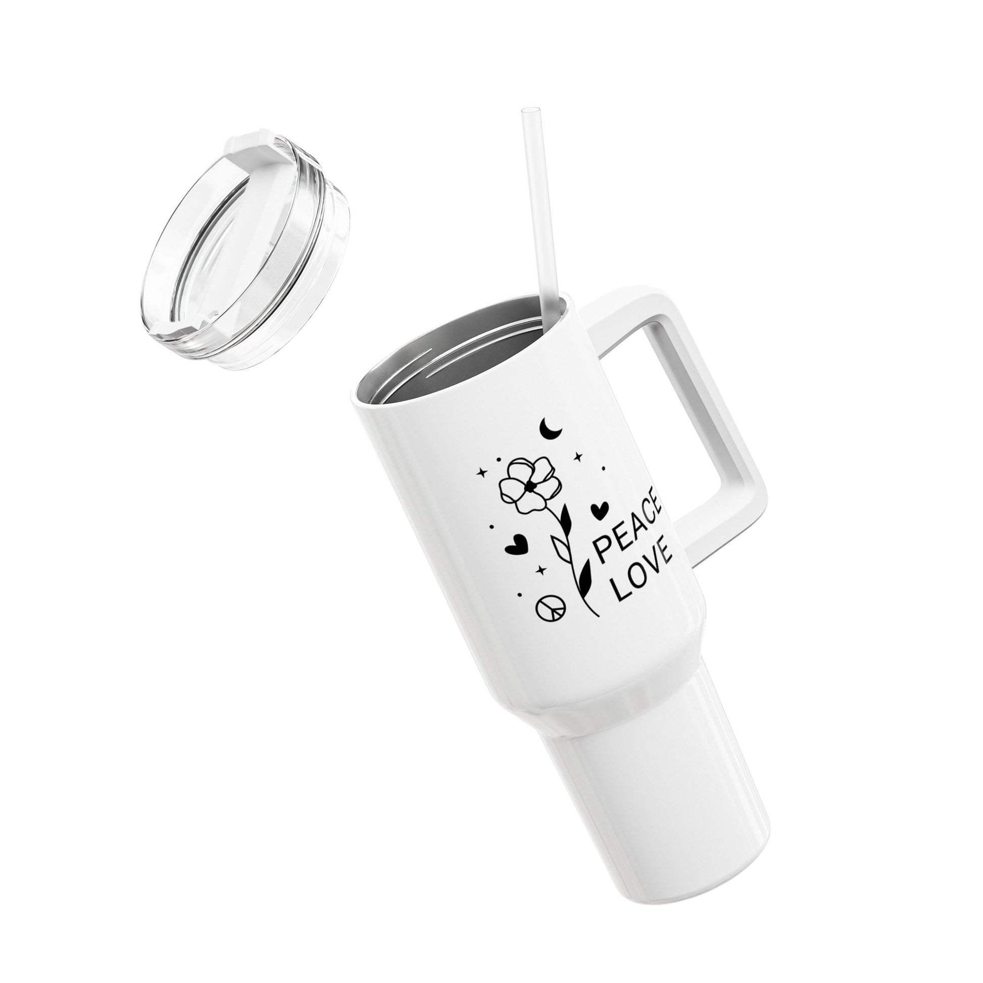 PEACE LOVE BLUME MOND HERZ STERNE • Tumbler mit Henkel & Strohhalm • XXL Reisebecher 1,2L - YOGA SANTA