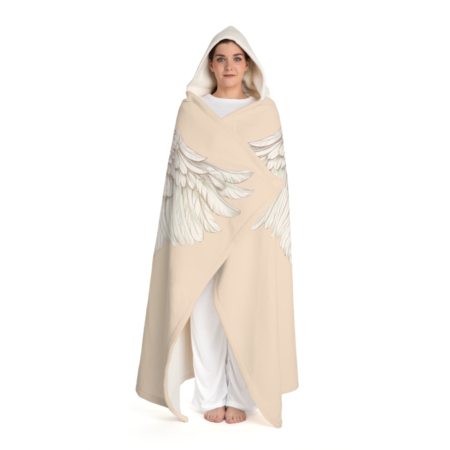 ENGEL FLÜGEL • Kapuzen Kuscheldecke Beige Creme • Wohndecke Sherpa 130cm x 180cm