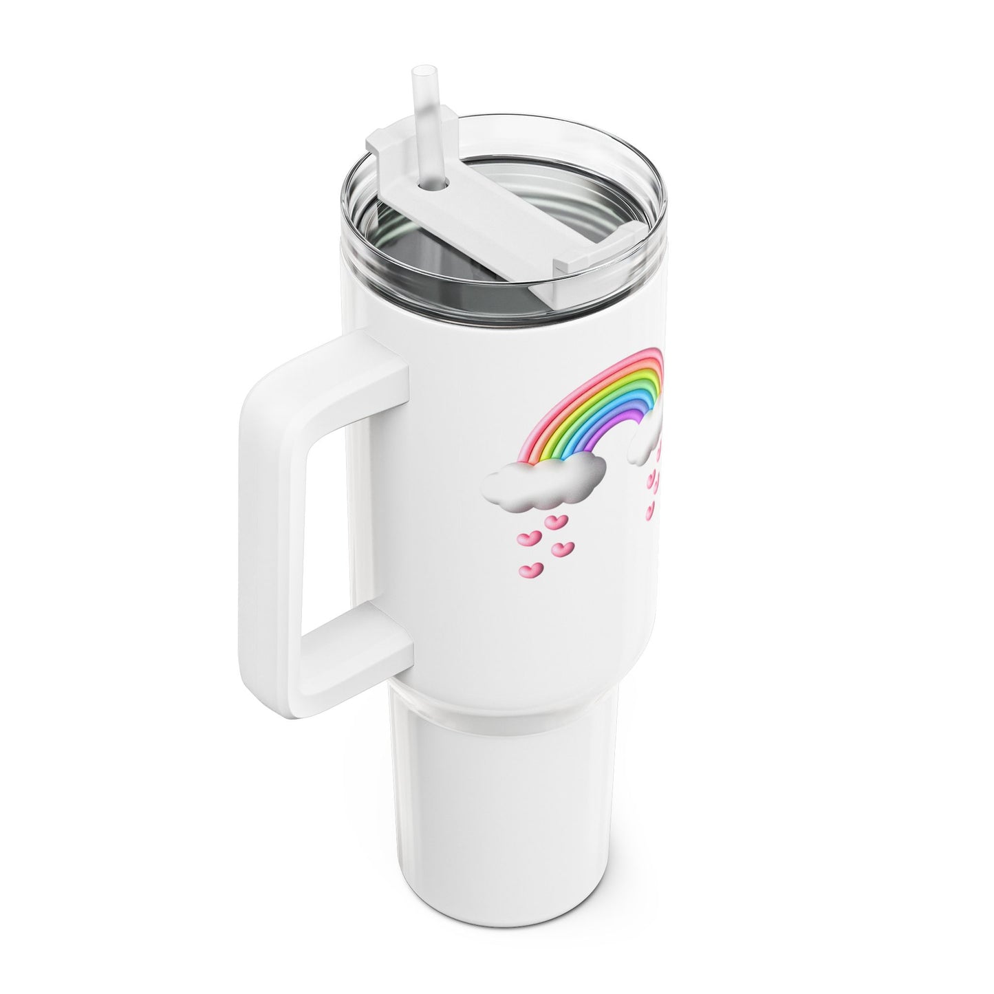 REGENBOGEN HERZEN NIEDLICH SÜß 3D Illusion Magisch • Tumbler mit Henkel & Strohhalm • XXL Reisebecher 1,2L