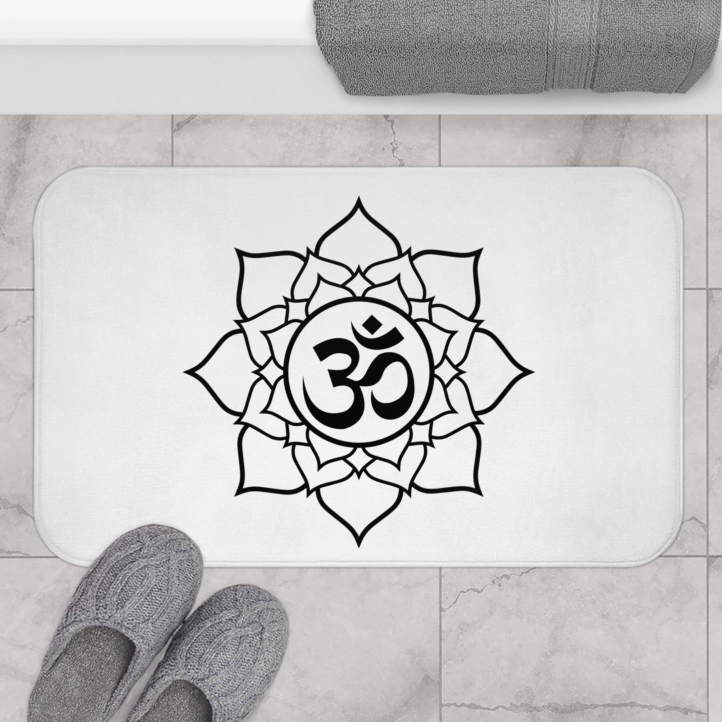 OM ZEICHEN OHM SYMBOL in BLUMEN MANDALA • Badvorleger Weiss / Fussmatte / Badteppich EXTRA Weich • 43 x 61 cm & 53 x 86 cm