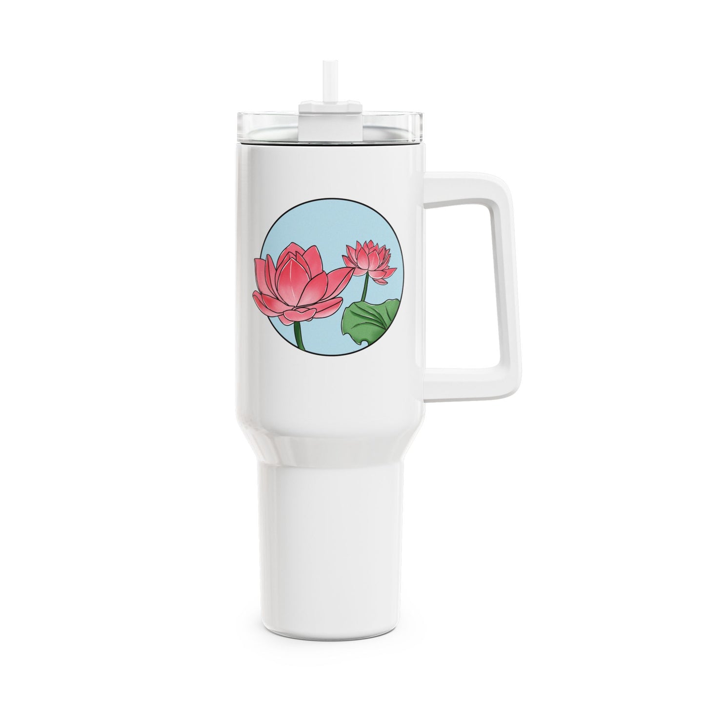 LOTUSBLUMEN ROSA PINK BLUMENMOTIV • Tumbler mit Henkel & Strohhalm • XXL Reisebecher 1,2L - YOGA SANTA