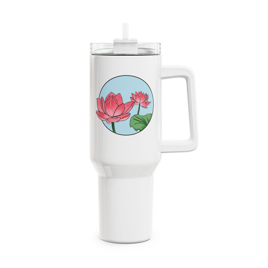 LOTUSBLUMEN ROSA PINK BLUMENMOTIV • Tumbler mit Henkel & Strohhalm • XXL Reisebecher 1,2L - YOGA SANTA