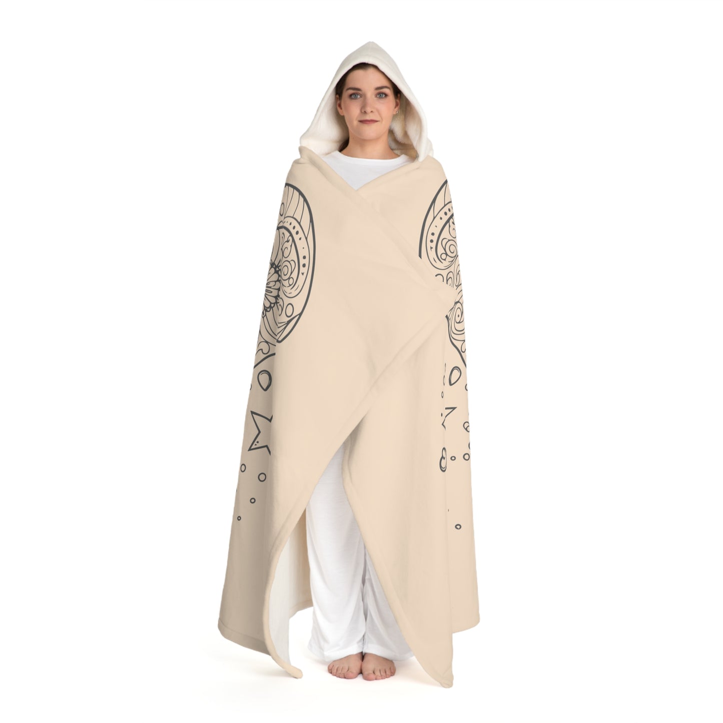 ELEFANT STERNE MANDALA • Kapuzen Kuscheldecke Beige Creme • Wohndecke Sherpa 130cm x 180cm