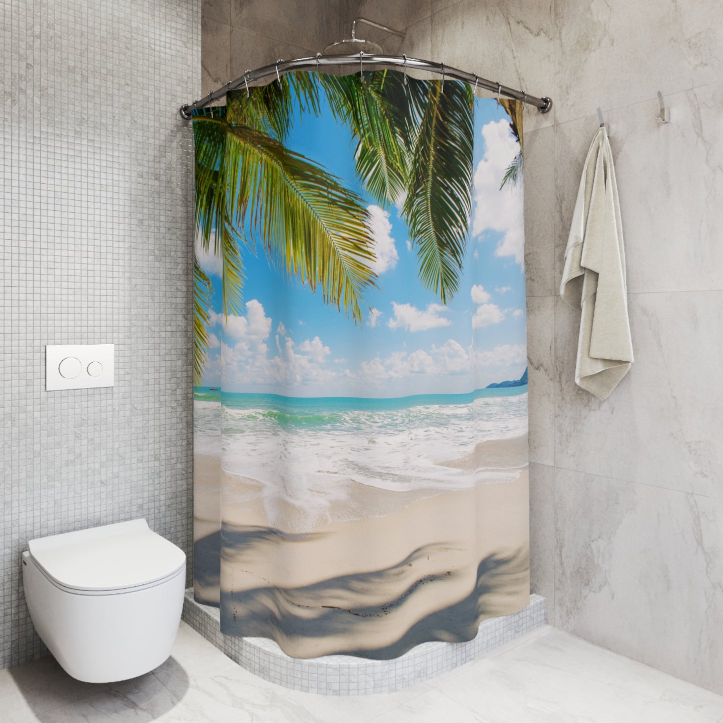 PALMENS STRAND MEER • Urlaubsmotiv • Hochwertiger, Schöner Duschvorhang 180x200 cm Weiss