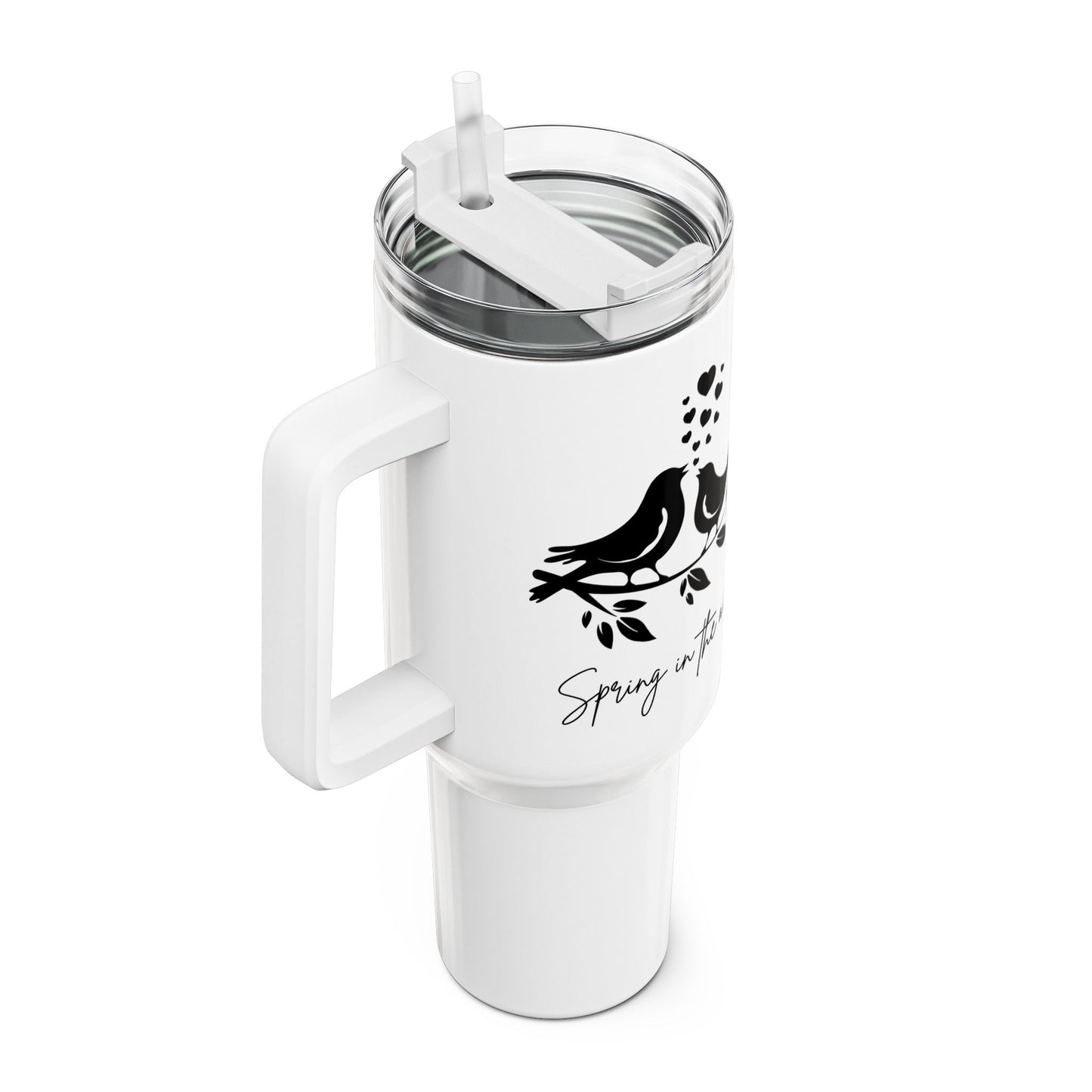 SPRING IS IN THE AIR - VÖGELCHEN VERLIEBT HERZ • Tumbler mit Henkel & Strohhalm • XXL Reisebecher 1,2L