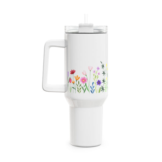 BLUMENWIESE BUNT • Tumbler mit Henkel & Strohhalm • XXL Reisebecher 1,2L