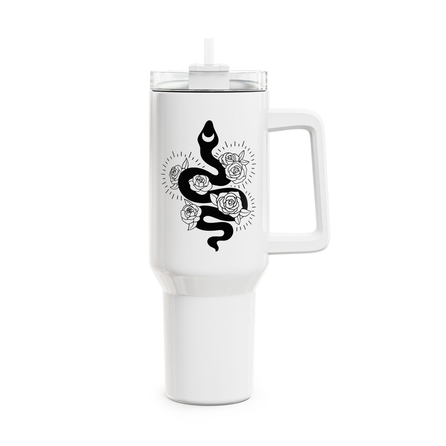 SCHLANGE ROSEN MOND • Spirituelles Motiv Tumbler mit Henkel & Strohhalm • XXL Reisebecher 1,2L - YOGA SANTA