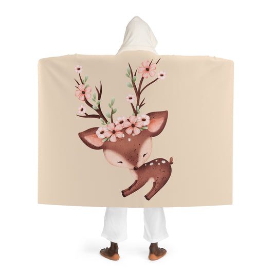 HIRSCH DECKE - REHKIDS MIT BLUMEN • Kapuzen Kuscheldecke Beige Creme • Wohndecke Sherpa 130cm x 180cm