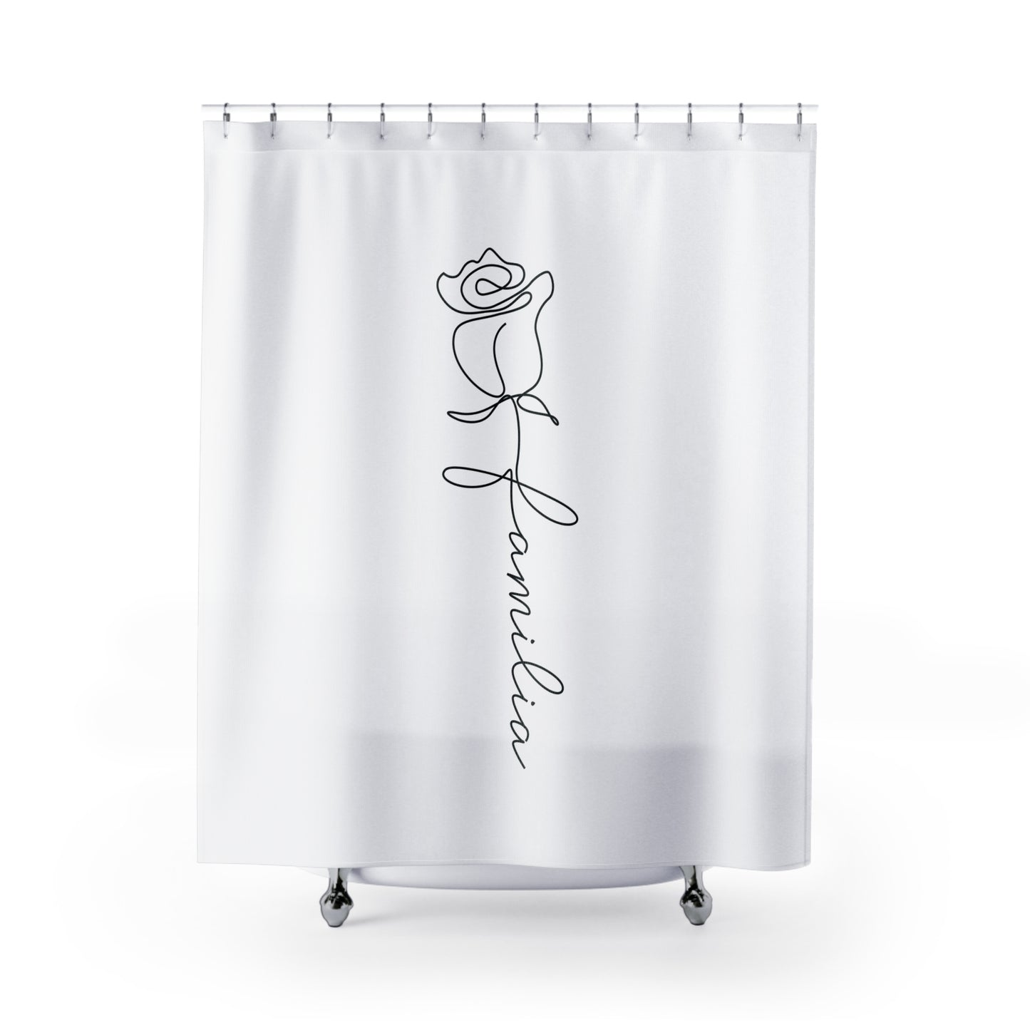 ROSE FAMILIA SCHRIFTZUG • Hochwertiger, Schöner Duschvorhang 180x200 cm Weiss