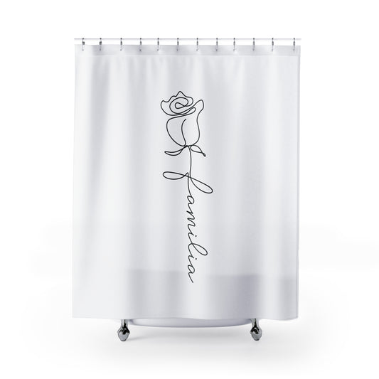 ROSE FAMILIA SCHRIFTZUG • Hochwertiger, Schöner Duschvorhang 180x200 cm Weiss